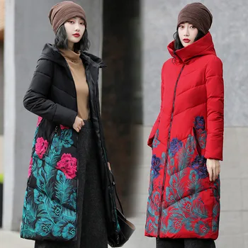 Jaunu gadījuma jakas kapuci sieviešu ziemas izšuvumi, ziedu bieza parka modes Lielgabarīta mētelis pretvēja un silta sieviešu apģērbs