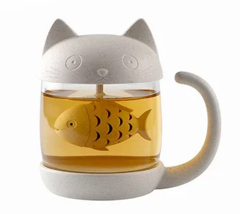 Kaķis Stikla Tējas Krūze krūze ar Zivju Tējas Infuser Sietiņš Filtrs 250ML (Balts)(Rozā)