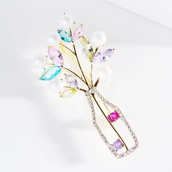 Korejas Dāmas Elegantas Pērļu Vāze Broša Pin Luksusa Krāsains Kubiskais Zircon Sieviešu Piespraudes Modes Broche Vienkārša Jaunas Piederumi