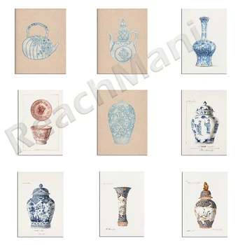 Korejas iespiests zilā porcelāna vāze, vāze, akvarelis, mākslu, antīko porcelāna Āzijas Ķīniešu stilā ingvers jar art sienas plakāts