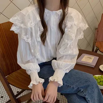 Korejas Modes Lielais Atloks, Balts Sieviešu Krekls Ir 2021. Rudens Zaudēt Elegants Savirmot Blūze ar Mežģīnēm Laternu Piedurknēm Kokvilnas Topi 16965