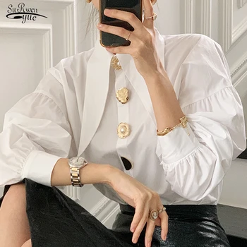 Korejas Savukārt Apkakle Dāmas Krekls Elegants Laternu Piedurknēm Balto Sieviešu Blūze Topi Pogu Modes Sieviešu Apģērbu Blusas 15631