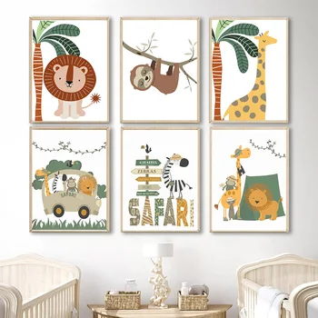 Lauva, Žirafe, Pērtiķis Slinkums Zebra Džungļu Dzīvniekiem, Wall Art Audekls Gleznošanai Ziemeļvalstu Plakāti Un Izdrukas Sienas, Attēlus, Bērnu Istabas Dekors