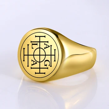 LIKGREAT AGLA Zālamana Kabbalah Ratu Aizsardzības Amuletu Vīriešu Gredzens, Nerūsējošais Tērauds Zelta Pārklājumu Liels Signet Gredzenu Rotaslietas