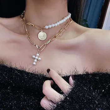 Luksusa Dizaina Mākslīgas Pērles sānslīdi kaklasaite Sieviešu Kaklarota Cross Kulons Kaklarotas Sievietēm Zelta Krāsā 2019 Modes Monētas, Rotaslietas