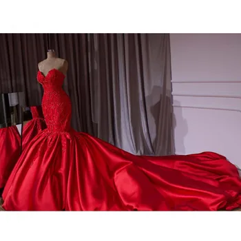 Luksusa Dubaija Red Fāzēm Mermaid Kāzu Kleitas 2022 Mežģīnes Kristāla Taures Kāzu Kleitas Royal Vilcienu Mīļotā Drēbes De Mariee