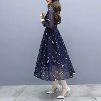 Marle pārredzamu Drukāšanas korejas ziedu Kleitu sieviešu Modes elegants puse Kleita Dāmas pavasara Šiks Salds pilnu piedurknēm Dresse