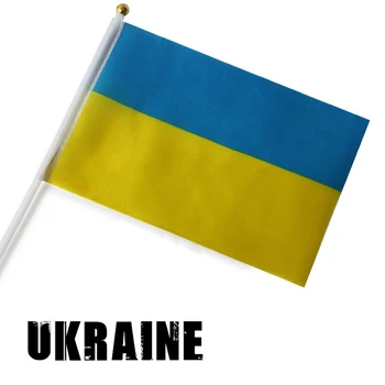 Maza Ukrainas Valsts Karogu 21*14cm # 8 poliestera karoga roku vicināšanu karogi ar Plastmasas karogu mastu 5gab