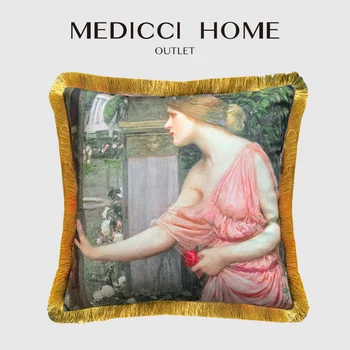 Medicci Mājās, Retro Art Spilvena Vāka Eļļas Glezna Meitenes Romantiska Dekoratīvās Vintage Greznība Samta Spilvena Pārvalks Ar Pušķi