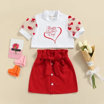 Meitenes Valentīna Dienu Apģērbs Sirds Acs Īsām Piedurknēm Kultūru Krekls Topi Bowknot Svārki Bērnu Apģērbu Komplekts