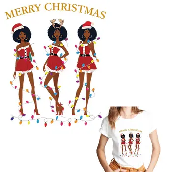 Melna Meitene Siltuma Uzlīmes, T-kreklu apdruka DIY Mazgājams Dzelzs Nodošanas Apģērbu Priecīgus Ziemassvētkus Appliqued Plankumus Uz Apģērba Dekori