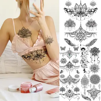 Melns Mandala Lotus Kulons Sexy Hennas Pagaidu Tetovējumiem Sievietēm Underboob Pieaugušo Tauriņš Spalvu Viltus Tetovējums Rokas Tatoos