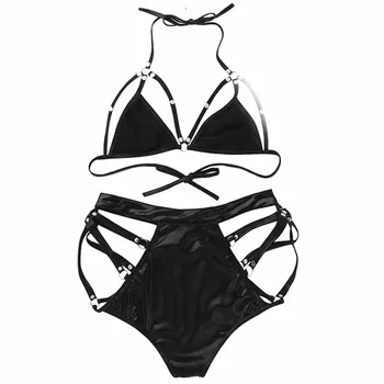 Melns Pavada Mākslīgās Ādas Lateksa atvērtais Kauss Bikini Krūšturis G-string Wetlook Vinila Apakšveļas Komplekts Erotiska PU Apakšveļas Komplekts Korsešu Sleepwear