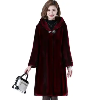 Melnās ziemas biezu siltu kažokādas mētelis sievietēm 2022 jaunu modes ilgi stila fox matu slim mēteļi sieviete guvusi kažokādas plus izmērs 4XL sarkanvīna