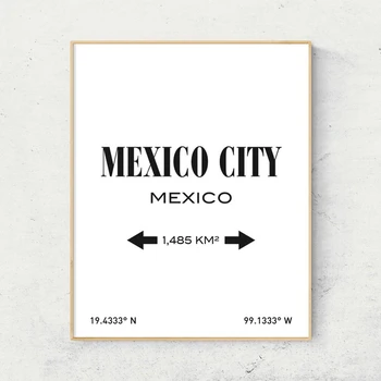 Mexico City Kartes Izdrukas Mākslas Audekls Gleznošanai Plakāti Ceļojumu Melns un Balts Platums Garums Wall Art Pictures Mājas Sienas Dekori