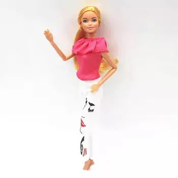 Modes Top Bikses Barbie Lelle Drēbes, Apģērbs 1/6 BJD Lelles Piederumi Mežģīņu Apkakle Rozā Krekls Sejas Drukāt Bikses Meitene Rotaļlietas