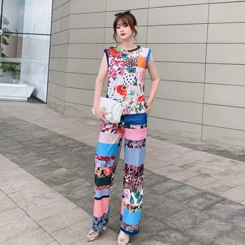 Modes Vasarā Jaunu Sieviešu Komplekti Pludmales Brīvdienu Burvīgs Drukāt Bez Piedurknēm Top + Ērtas Bikses Pievilcīgs Stils Divu Gabalu