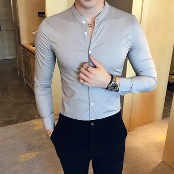 Modes Zīmolu vīriešu Kokvilnas Krekls 2019 garām piedurknēm stāv apkakle slim vīriešu apģērbu lielu 4XL tīrtoņa krāsu kombinezoni Camisa Masculina
