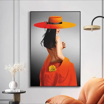 Mūsdienu Anotācija Sexy Apelsīnu Lielu Cepuri Sieviete Plakāti un Izdrukas Audekls Gleznas, Sienas, Mākslas Attēlus Dzīvojamās Istabas Dekors (Bez Rāmja)