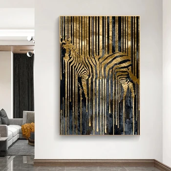 Mūsdienu Zelta Zebra Kanvas Glezna Abstraktās Mākslas Ziemeļvalstu Plakāti un Izdrukas Skandināvijas Sienas Mākslas Aina Dzīvojamā Istaba Dekori
