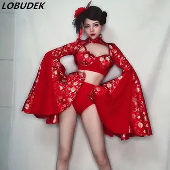 Naktsklubs, Bārs DJ Sieviešu Ķīniešu Stilā Sarkanā Liels Piedurknēm Bikini Kostīmu Dziedātāja Vadošo Dejotāju Sexy Posmā Valkāt Darbības Drēbes