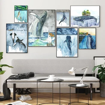 Nordic Style Vaļu Kanvas Glezna, Akvarelis Jūras Dzīvnieku Plakāti un Izdrukas Dzīvojamās Istabas Sienas Māksla Mājās Apdare Bildes