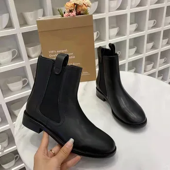 Novo dizaina de luxo feminino botas de couro Chelsea bota cano baixo da moda sapatos femininos de trabalho botas de cano alto
