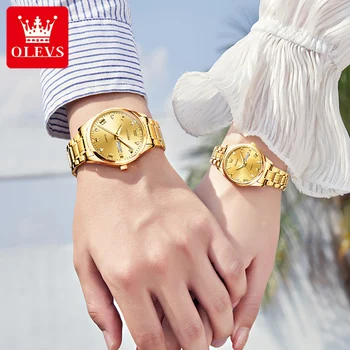 OLEVS Pāris Skatīties Zelta Modes Biznesa Mīļotājiem Skatīties, Kvarca Rokas Pulksteņi Sieviešu Vīriešu rokas Pulkstenis Kalendārs Reloj de pareja