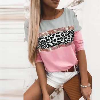 Pavasaris Ar Garām Piedurknēm Rudens Džemperi, Topi Elegants O Kakla Dāmu Krekls Blusa Gadījuma Raibs Leopard Sequin Sieviešu Blūze Streetwear