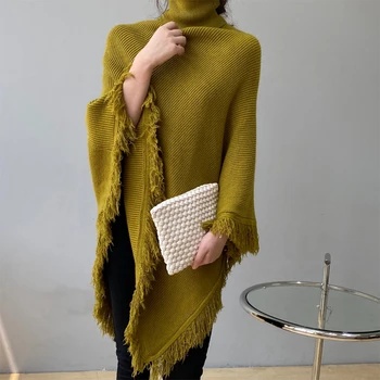 Pavasarī un rudenī sieviešu ikdienas tīrtoņa krāsu augstu uzrullētu apkakli fringed dekoratīvās apmetnis džemperis