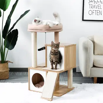 Pet Cat Tree Tower Condos Māja Scratcher Nesaskrāpē Amatu Kaķu Kāpšanai Koka Rotaļlietas Darbības, kas Aizsargā Mēbeles Pet Cat House