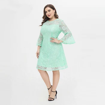 Plus Lieluma Elegants Stilīgu Sieviešu Apģērbu Mežģīnes, Mīksts Puse Īss Dāmas Flora Midi Kleitu Sieviešu Svārki Zaļā Ilgi Izlīdzināšanu Piedurknēm