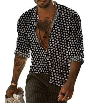 Polka Dot Print Vīriešu Krekls ar garām Piedurknēm Anglijas Stils, Elpojošs stand apkakli Streetwear Camisa Pludmale Havaju Krekli Skaists Vīriešiem