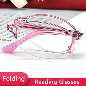 Portatīvo Salokāms Lasīšanas Brilles Sieviešu Uzņēmējdarbības Optiskās Brilles, Metāla Ultravieglajiem Presbyopic Brilles Modes Pusi Rāmis +200