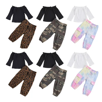 Pudcoco 3 Stilā 1-6Y Modes Jaundzimušo Bērnu, Meiteņu Apģērbu Komplekti, Off-the-Plecu T-Krekli, Topi+Kamuflāžas Bikses 2gab Apģērbs