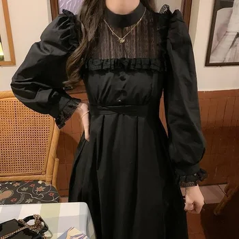 QWEEK 2021. gada Rudenī, Gotiskā Melnā Mežģīņu Kleita Sievietēm Gadījuma Elegants Puse Midi Savirmot garām Piedurknēm Kleita Emo Y2k Goth Drēbes
