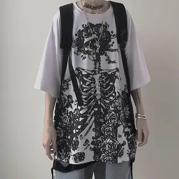 QWEEK Gothic Harajuku Galvaskausa T-krekls ir 2021. korejas Modes Lielgabarīta Īsām Piedurknēm t-veida Krekls Mall Goth Topi Grunge Alt Kpop Drēbes