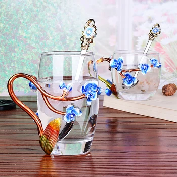 Radošā emaljas kausa ziedu tējas tase karstumizturīga stikla kafijas krūzes Eiropas stila stikla kausa Sadzīves glāzes, trauki, dāvanas
