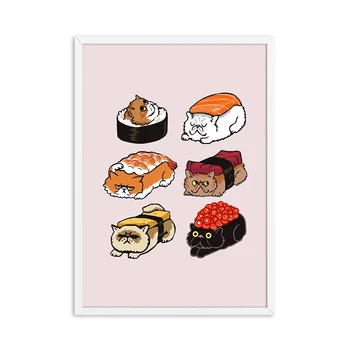 Ramen Kaķis Audekls Mākslas Glezniecības Japāņu Suši Mopsis Kaķis Plakāti un Izdrukas Kaķi Dzīvnieki Sienas, Attēlus Virtuves Restorāns Dekori