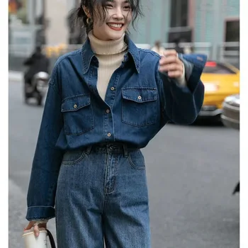 Retro džinsa krekls sieviešu 2021. gadā-pavasarī un rudenī reizes valkāt vaļēju dizaina krekls temperaments domnas ielu garām piedurknēm mētelis INS