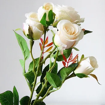Rozes mākslīgie ziedi kāzu sienu viltus ziedi balti mājas apdare, plastikāta ilgi filiāle 5 galvas rozā rožu zīda ziedi