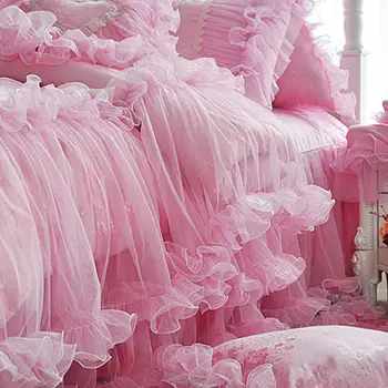 Rozā Žakarda Satīns Gultas Pārklājs Gultas Komplekts Luxury Princess Kāzu Gultas Komplekts Mežģīņu Savirmot Sega Sedz, Gultas Svārki, Kokvilnas Spilvendrānas