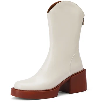 Rudens Ziemas Vidū Teļš Boot Elegants Biezu Grunts Augsta Papēža, Īstas Ādas Kurpes Platformas Apavi Ar Kvadrātveida Purngalu Sieviešu Modes A111