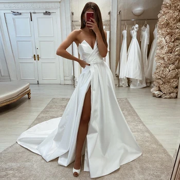 Satīna V-veida Kakla Kāzu Kleitas Sievietēm Vienkārši Pusē Sadalīt Satīna Kāzu Kleitas Sexy White-Line Līgavas Kleitu, tērpu de mariée 2021