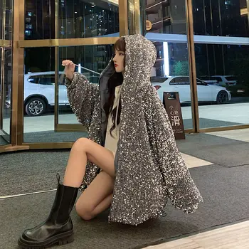 Sequined melnu kapuci jaka sievietēm pavasarī un rudenī ir 2021. jaunu korejiešu versija brīvs savvaļas garām piedurknēm zvaigžņotām debesīm augšā