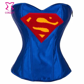 Sexy Zils Sieviešu Super Varonis Bustiers&Korsetes Sānu Rāvējslēdzējs Atpakaļ Mežģīnes Up Slēgšanu Overbust Halloween Kostīmi Meitenēm Valkāt Apģērbu