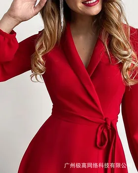 Sieviešu 2021 jaunu cieto krāsu garām piedurknēm atloks, viduklis kleita, kaklasaite