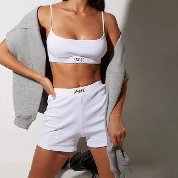 Sieviešu apģērbu 2021 balts Slim, Sexy siksna kultūraugu top un mini Saspringts bikses vēstuli druka izšūšana visu maču divu gabals komplekti