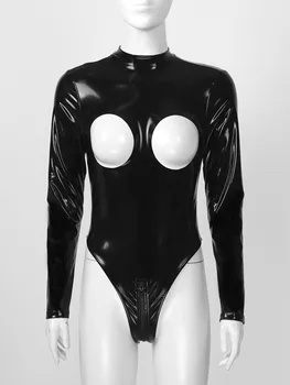 Sieviešu Krūts Pakļaujot Sexy Bodysuit Dobi No Izspēles Kakla Apakšveļa Atvērt Krūšturi Bodysuit Rāvējslēdzējs Atpakaļ High Cut Lakādas Catsuit