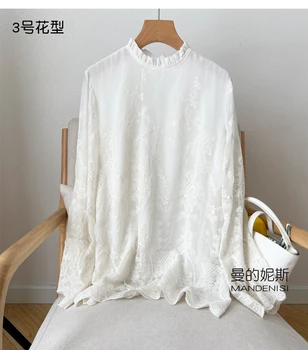 Sieviešu Mulberry Zīda Izšuvumi Balts Stāvēt Kaklu garām piedurknēm Krekls Top Blūze Biroja Darba L XL M158